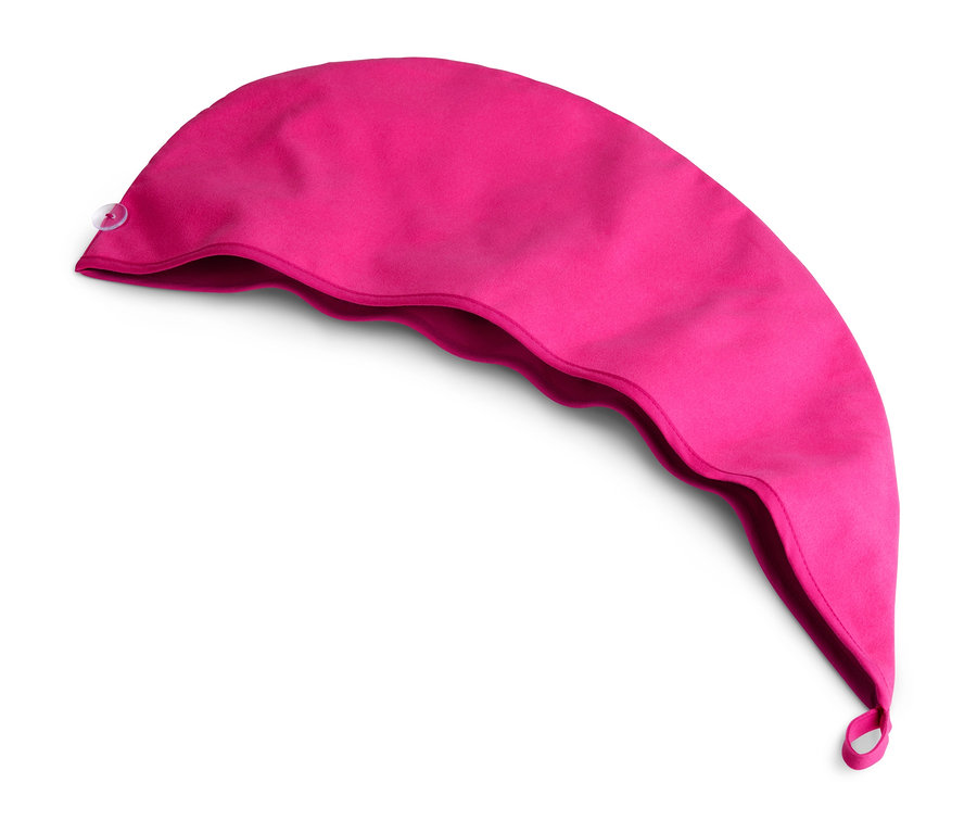 Pinkfarbenes Turban-Sporthandtuch auf weißem Hintergrund.