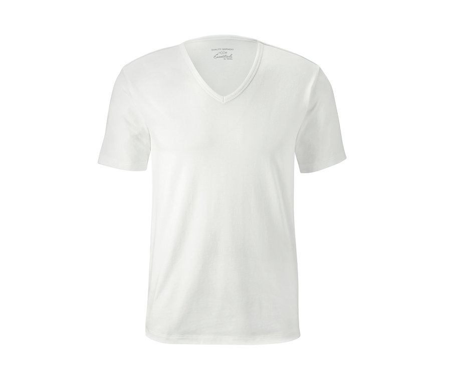 Ein weißes Jersey-Halbarm-Unterhemd mit V-Ausschnitt.
