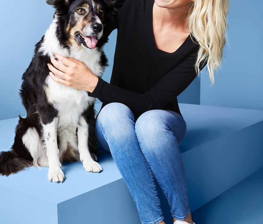 Eine Frau sitzt und bürstet das Fell eines Hundes mit einer Tier-Fellbürste.