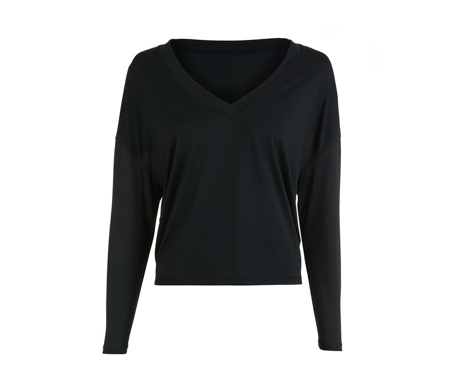 Schwarzes 3-in-1-Sportshirt mit langen Ärmeln und V-Ausschnitt.