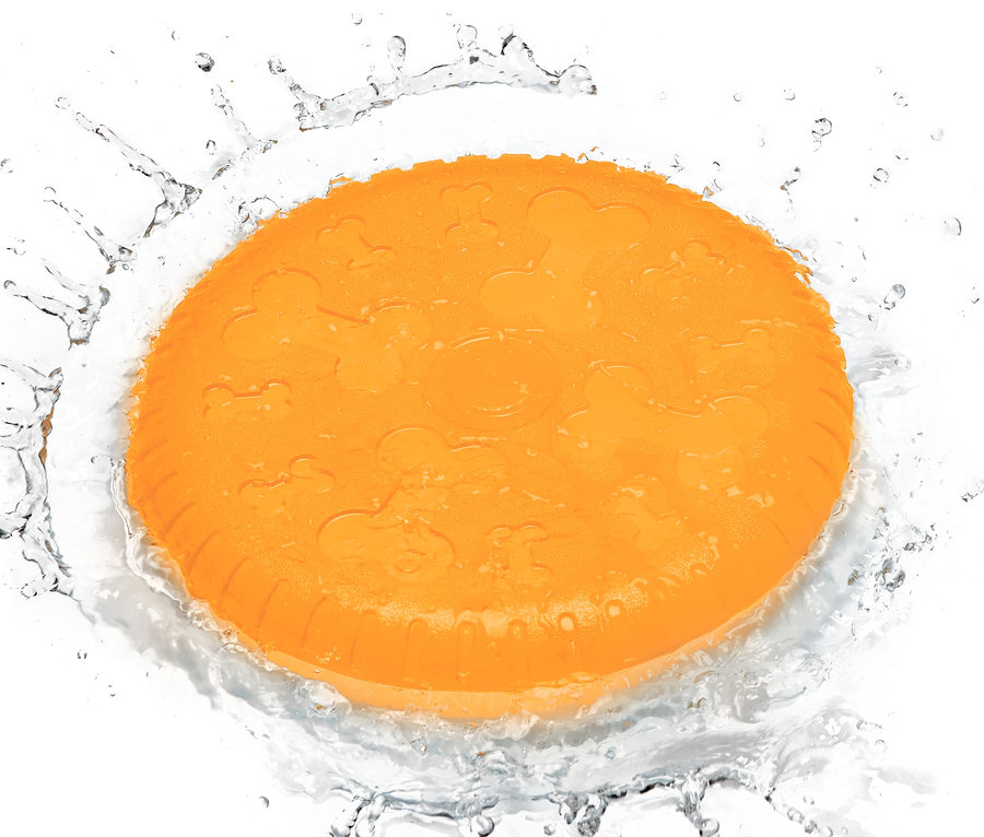 Orange Hunde-Wurfscheibe im spritzenden Wasser.