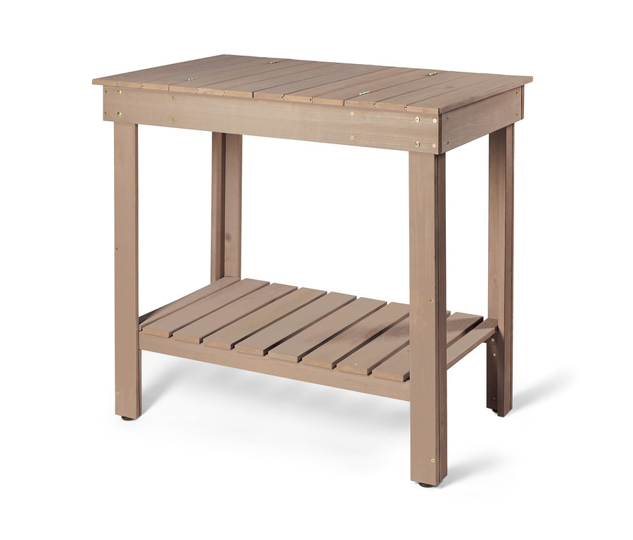 Ein brauner aufklappbarer Pflanztisch mit einer hölzernen Ablagefläche.