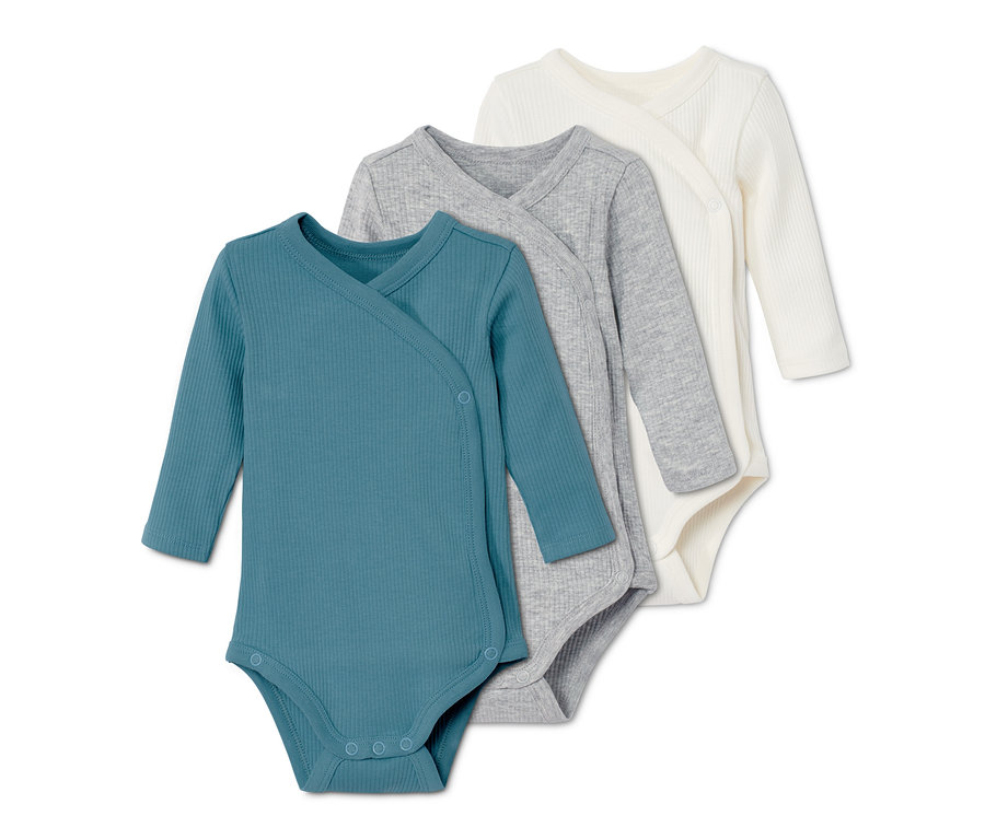 Drei Langarmbodys in Blau, Grau und Weiß.