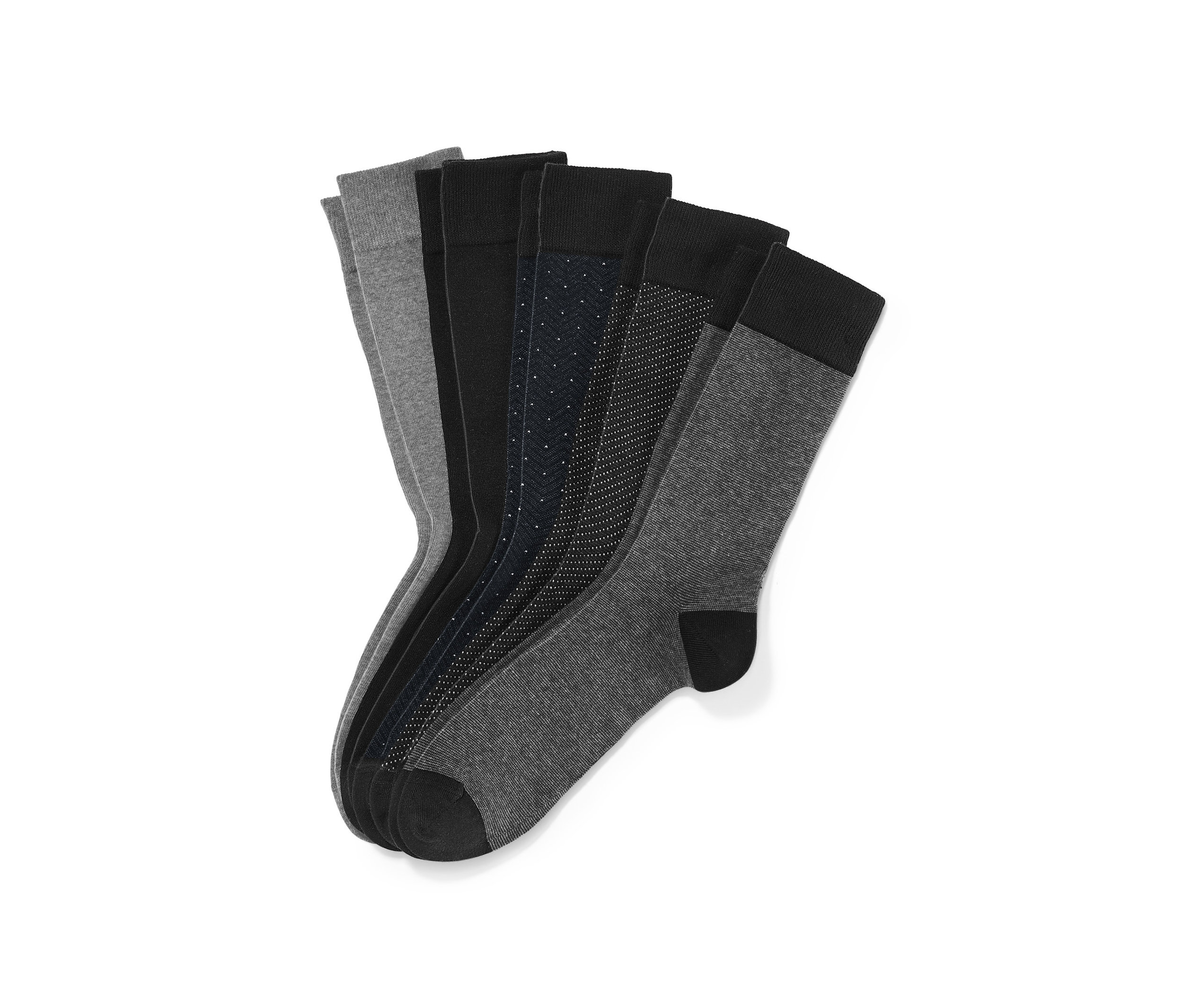 Fünf Paar Socken in verschiedenen Grau- und Schwarztönen.