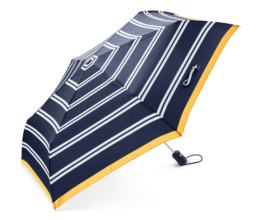 Geöffneter Automatik-Taschenschirm mit blauen und weißen Streifen und gelbem Rand.
