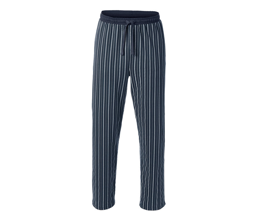 Eine blau gestreifte Pyjamahose mit Kordelzug in der Taille.