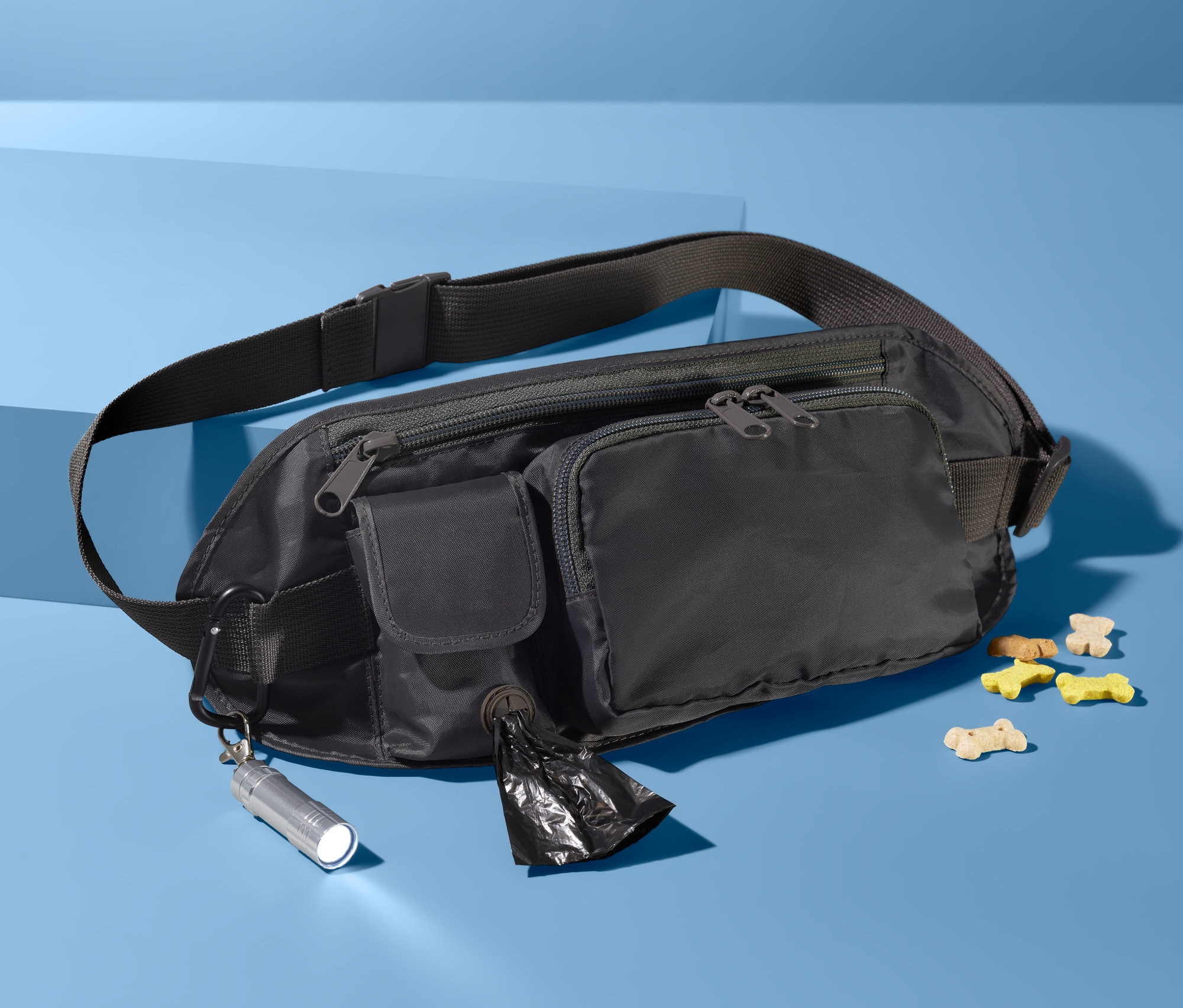 Eine schwarze Hunde-Gassibeutel-Tasche liegt auf blauem Grund, daneben Hundesnacks.