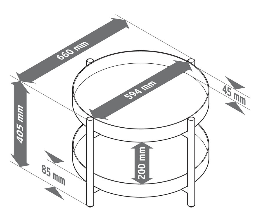 Abmessungen des runden Couchtisches mit Extra-Ablage.