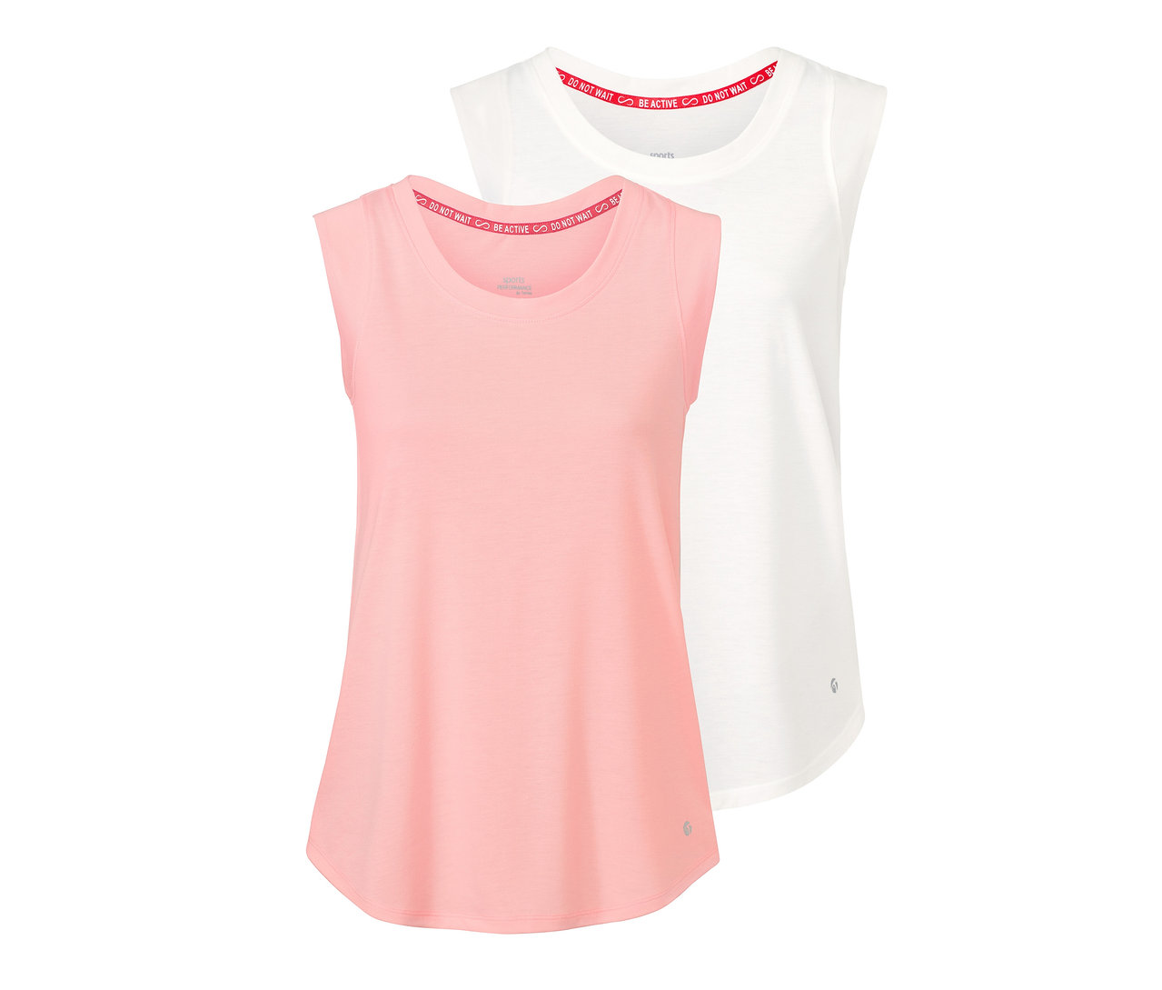 Zwei Tops: ein rosafarbenes und ein weißes. Beide sind ärmellos mit Rundhalsausschnitt.