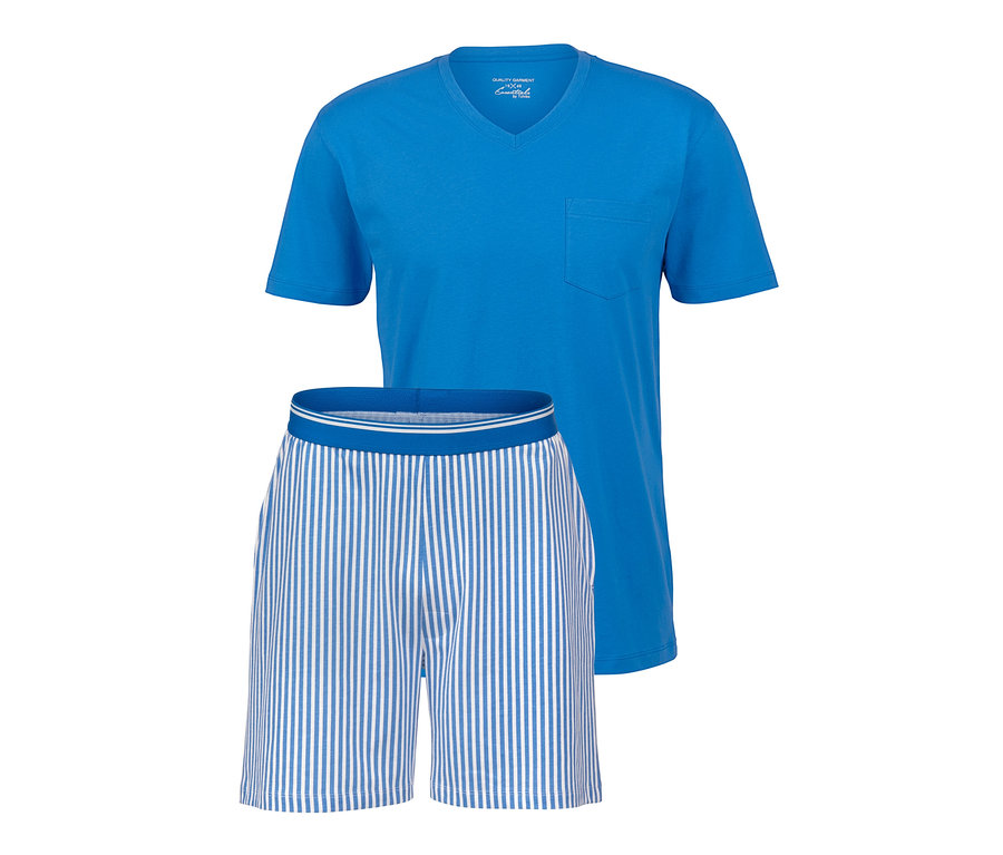 Blauer Shorty-Pyjama mit Kurzarm-Oberteil und gestreifter Short.