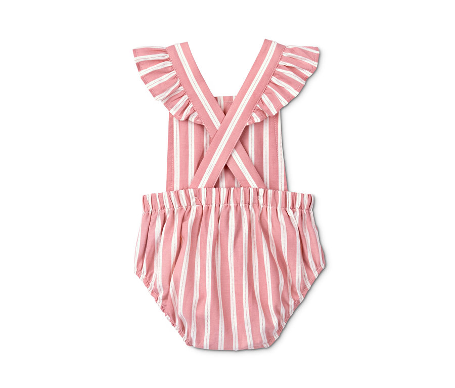 Gestreifter Baumwoll-Babystrampler in Rosa und Weiß.