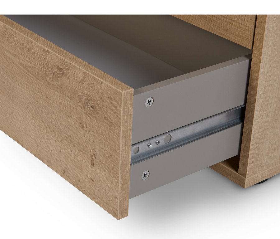 Detailansicht eines Regalmoduls "Flemming" mit Eichendekor und zwei Schubladen.