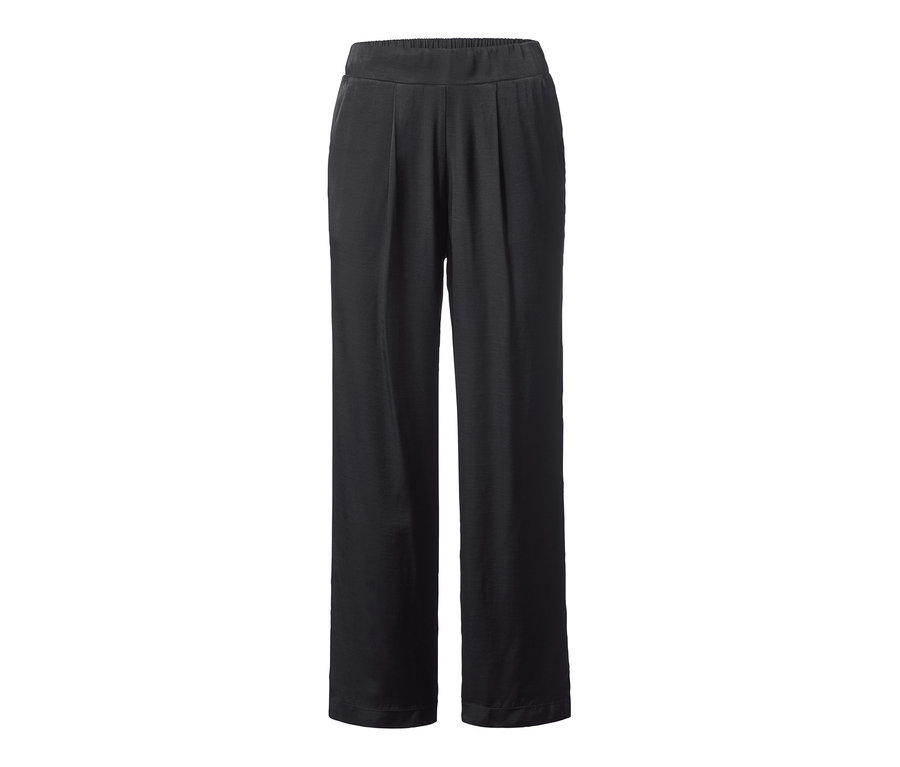 Schwarze Satin-Bundfaltenhose.