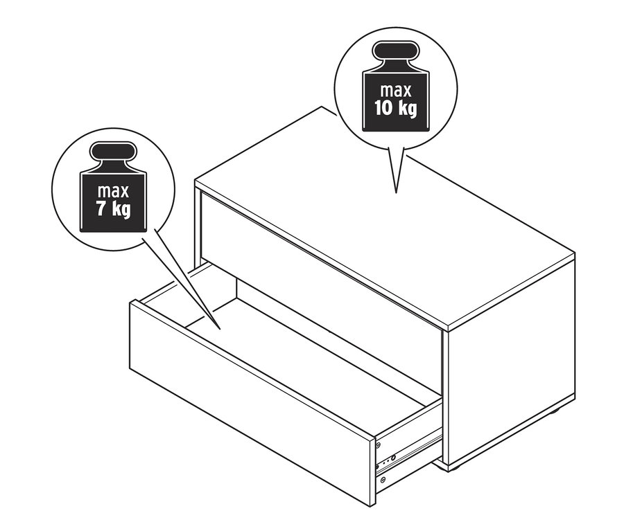 Zeichnung eines Regalmoduls »Flemming«, ca. 75 x 37,5 cm, mit 2 Schubladen, Eichendekor, die untere Schublade ist geöffnet.