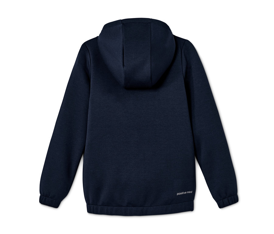 Rückansicht einer marineblauen Sportjacke mit Kapuze aus recyceltem Material.