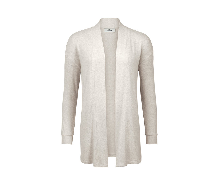 Eine offene Strickjacke in Beige mit langen Ärmeln.