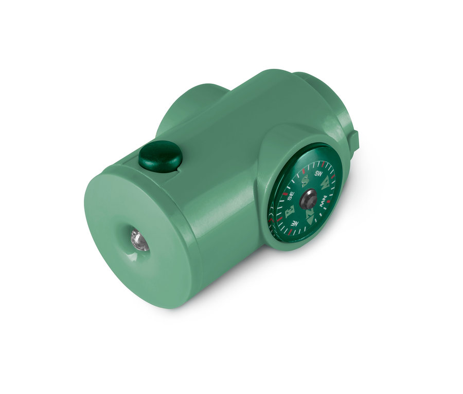 Ein grünes, kompaktes 7-in-1-Outdoor-Tool mit Kompass und Lampe.