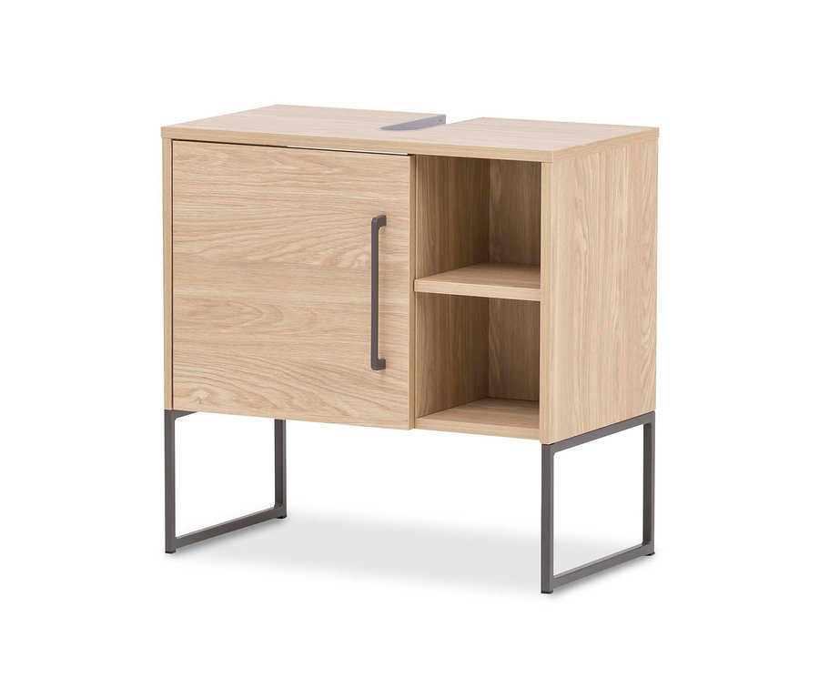 Waschbecken-Unterschrank »Dumone« aus Eiche mit Schrankfach und offenen Regalen.