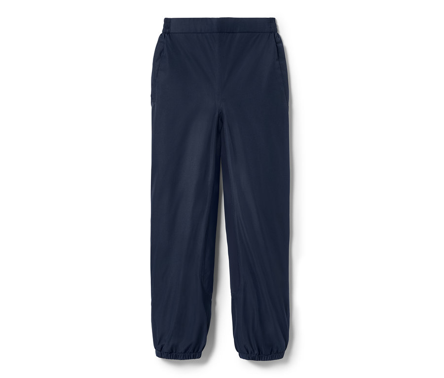 Dunkelblaue Regen-Reithose mit recyceltem Material auf weißem Hintergrund.