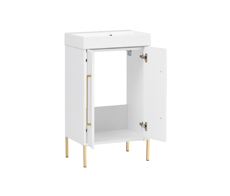 Weißer Waschtisch »Sarah« mit offenen Türen und goldenen Beinen.
