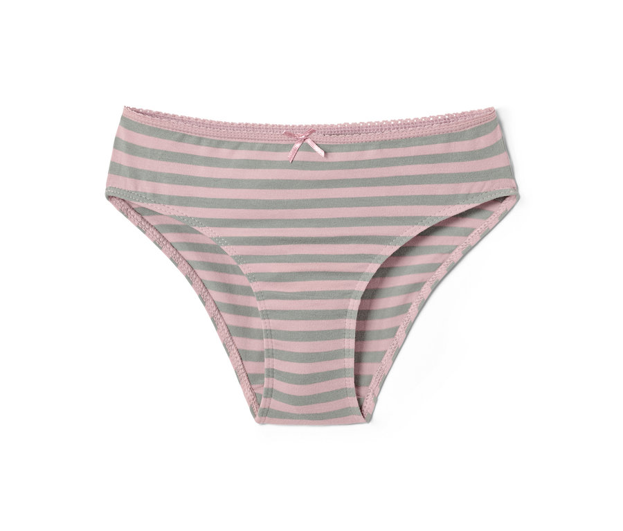 Ein einzelner von 7 Mädchen-Slips mit rosa-grauen Streifen und Schleife.