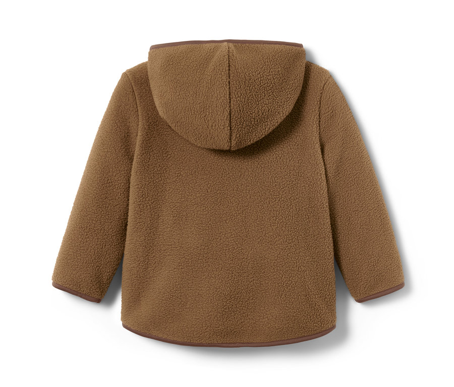 Detailaufnahme eines braunen Teddyfleece-Kombis mit Kapuze.