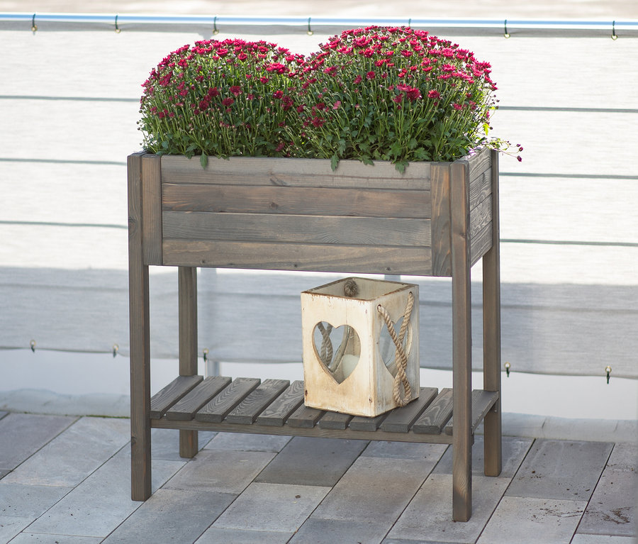 Hochbeet ca. 79 x 79 x 39 cm mit roten Blumen.