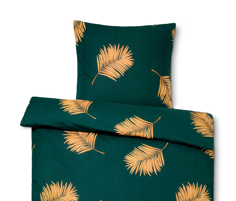 Grüne Renforcé-Bettwäsche mit goldenem Palmenblattmuster.