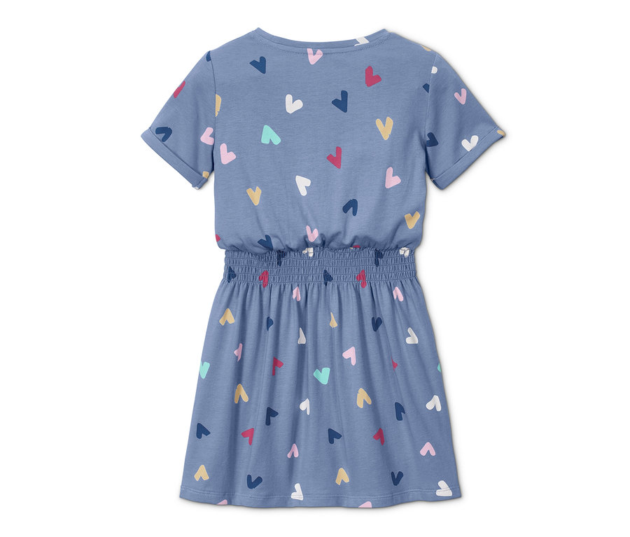 Blaues Jerseykleid mit bunten Herzen.