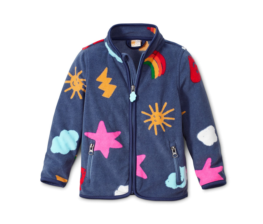 Blaue Fleecejacke mit bunten Alloverprint.
