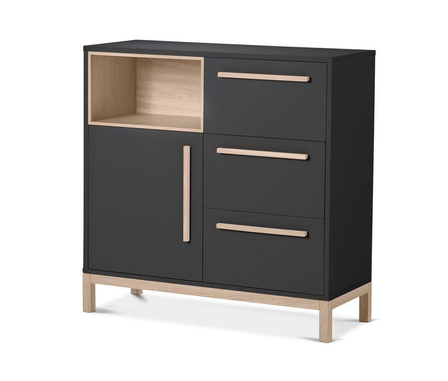 Anthrazitfarbenes Bad-Sideboard »Eklund« mit offenem Regal, einer Tür und drei Schubladen.