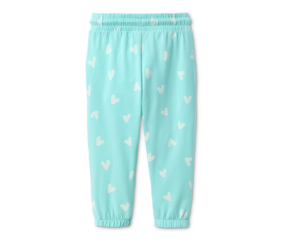 Hellblaue Schlupfhose aus Bio-Baumwolle mit weißen Herzchen-Muster.