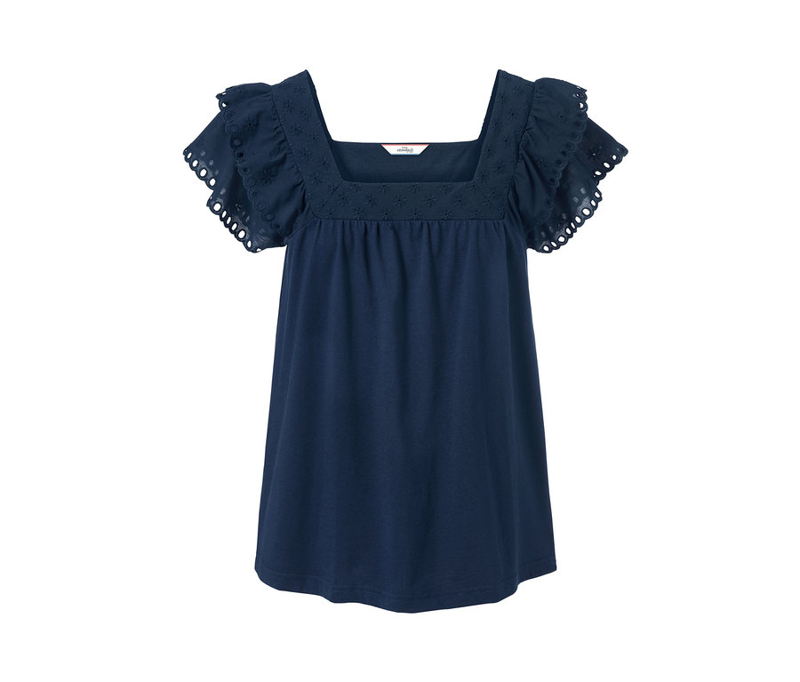 Dunkelblaues Shirt mit kurzen Ärmeln und Stickerei am Halsausschnitt.