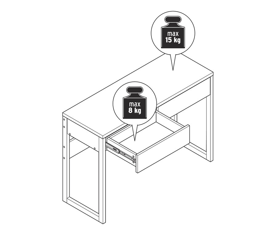 Eine Zeichnung einer Konsole aus Massivholz mit einer herausgezogenen Schublade. Die maximale Traglast der Konsole beträgt 15 kg, die der Schublade 8 kg.