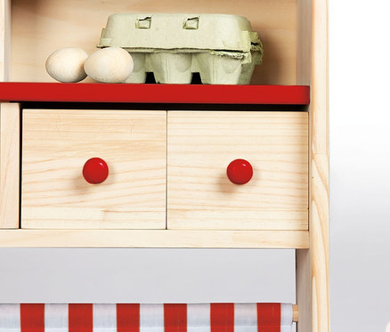 Detailansicht des Pinolino Marktstand »Lucy« mit Eiern und Schubladen.