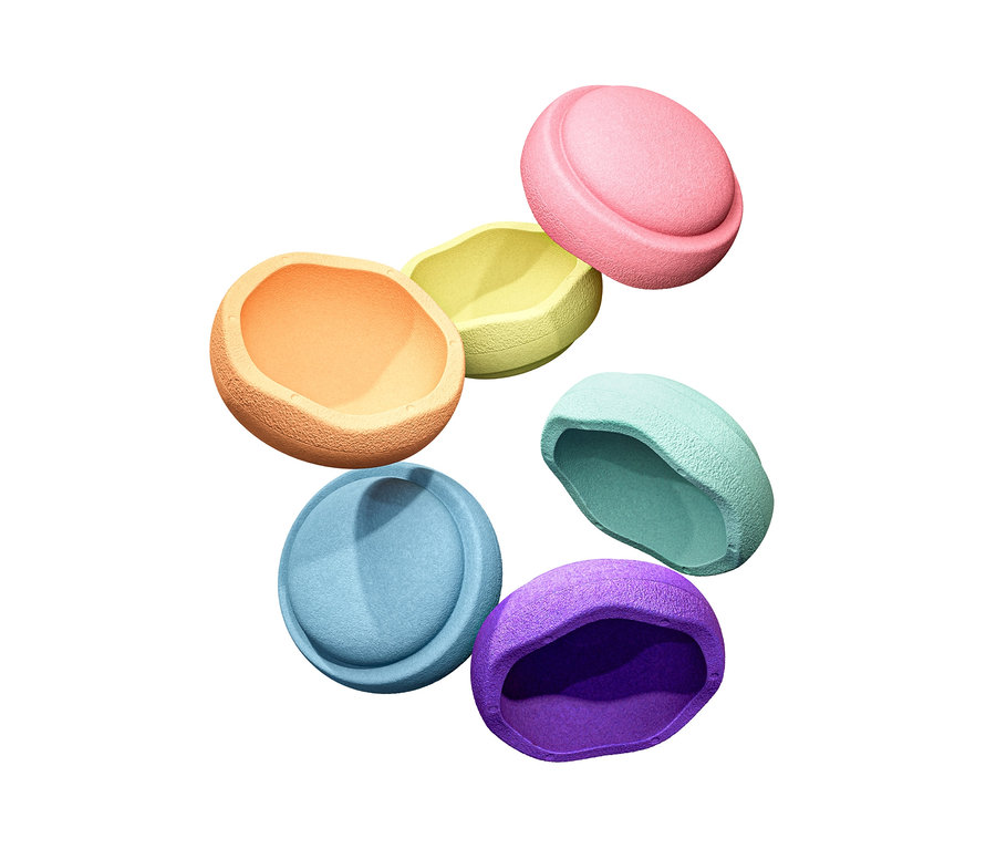 Sechs Stapelstein® Original »rainbow pastel« in Orange, Gelb, Pink, Blau, Türkis und Lila auf weißem Hintergrund.