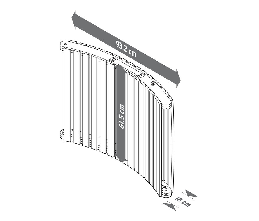 Abmessungen der zusammenklappbaren Wellenliege »Lenja«: 93,2 cm Länge, 61,5 cm Höhe, 18 cm Breite.