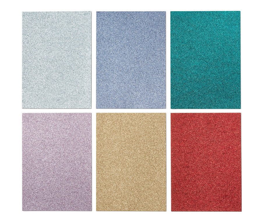 Glitzerpapier-Set in sechs Farben.