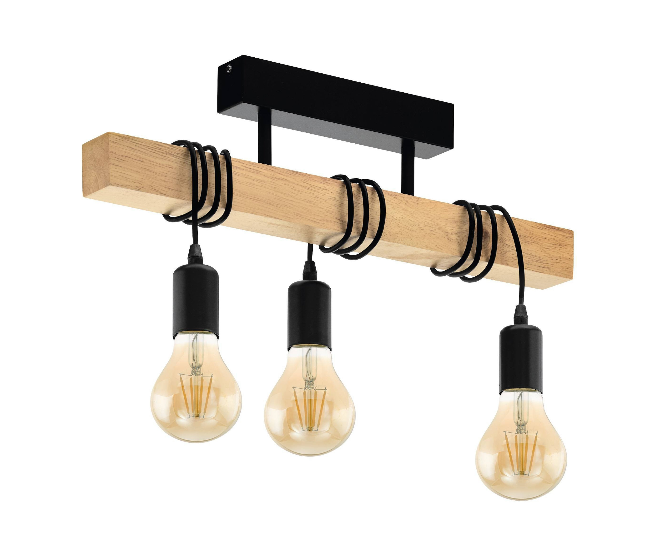 Eine Hängelampe mit einem Holzbalken und drei Glühbirnen. Zu sehen ist die Deckenleuchte »TOWNSHEND« von Eglo.