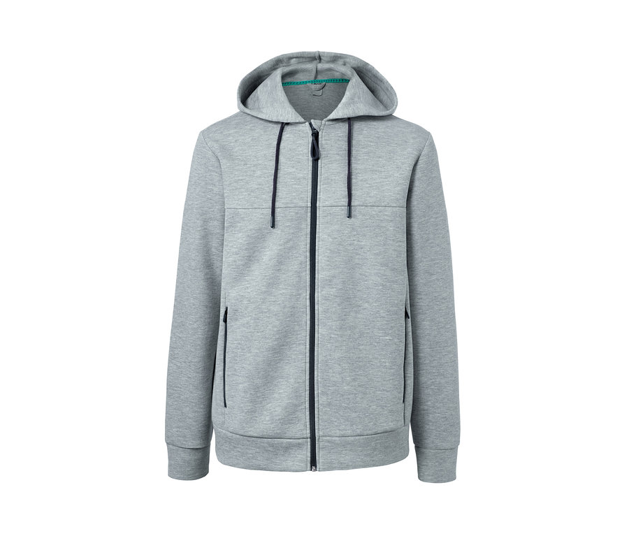 Graue Funktions-Sweatjacke mit Reißverschluss und Kapuze.