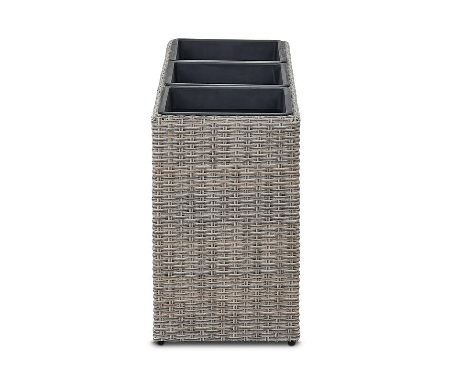 Grauer Blumenkasten »Thore« mit drei schwarzen Einsätzen.