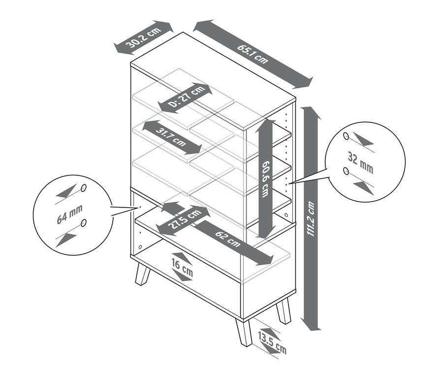 Abmessungen des Schuhregals mit Echtholz-Multiplexkanten.