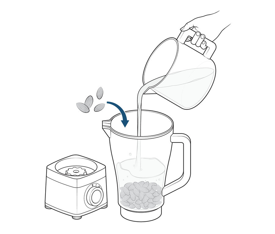 Wasser wird in einen Mixer mit Mandeln gegossen.