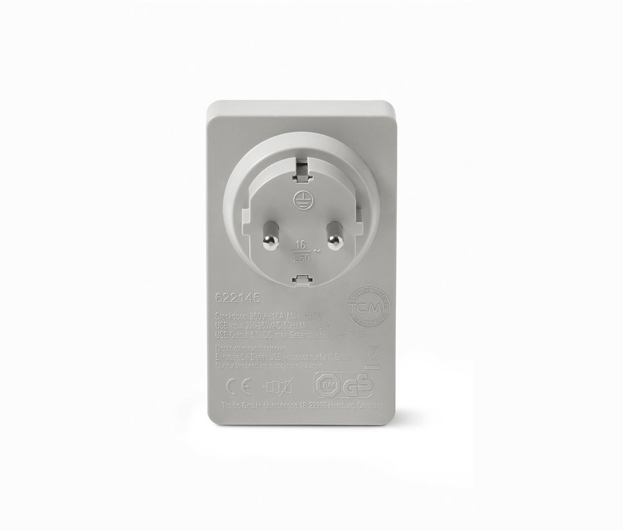 Detailansicht eines grauen 4-in-1-USB-Steckdosen-Adapters.