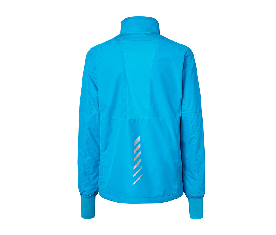 Blaue Windprotection-Funktionsjacke von hinten.
