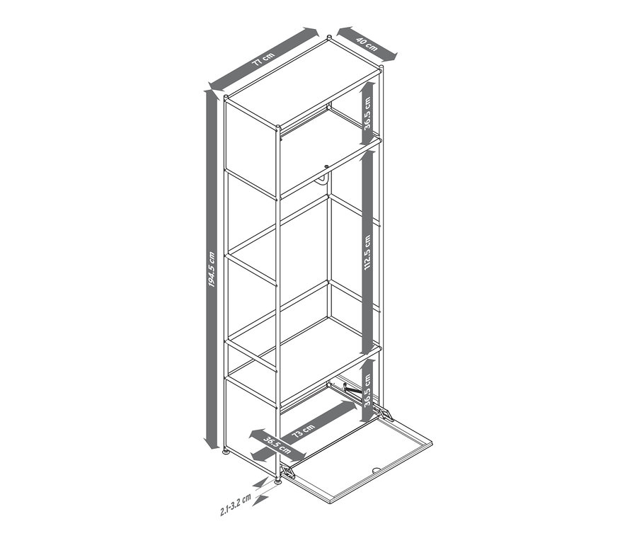 Umriss einer Garderobe Metall »CN3« mit Klappfach, grau und weiß.