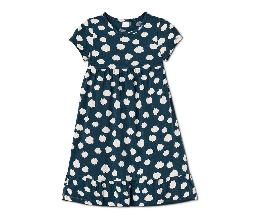 Dunkelblaues kurzärmeliges Kleid mit weißen Wolkenmuster. 2 Jerseykleider aus Bio-Baumwolle.