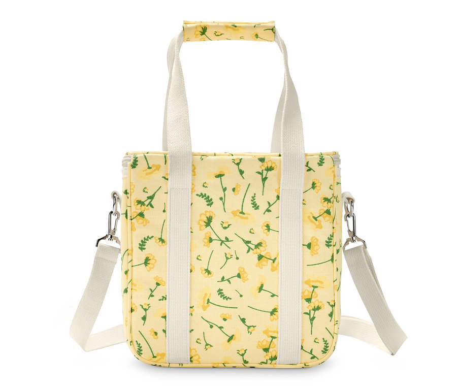 Gelbe Kühltasche mit Blumenmuster und weißen Trägern.