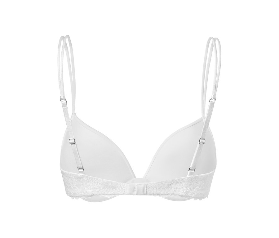 Detailansicht von hinten eines weißen Push-up-BHs mit Spitze und dünnen Trägern.