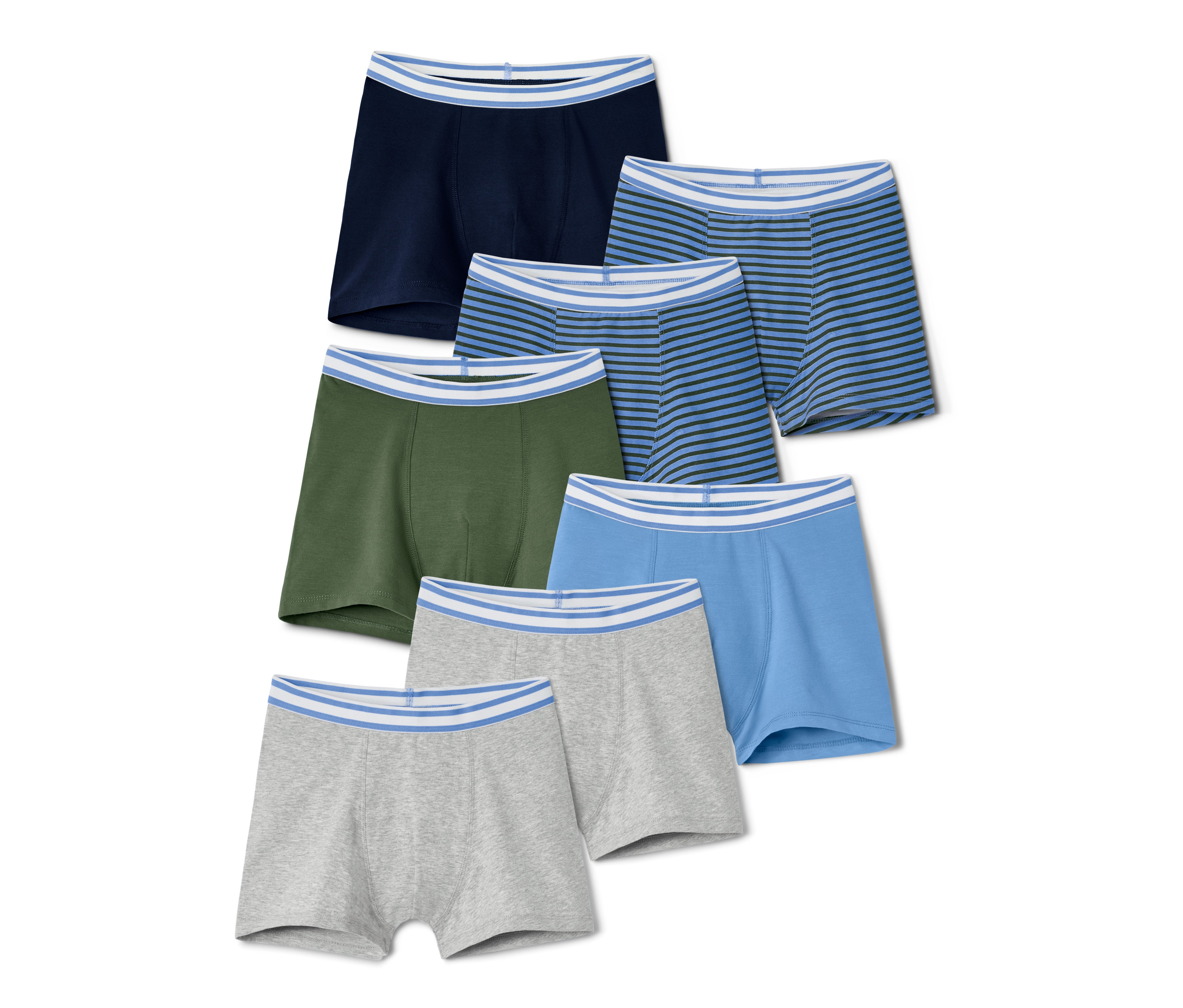 Sieben Jungen-Slipboxer in verschiedenen Farben.